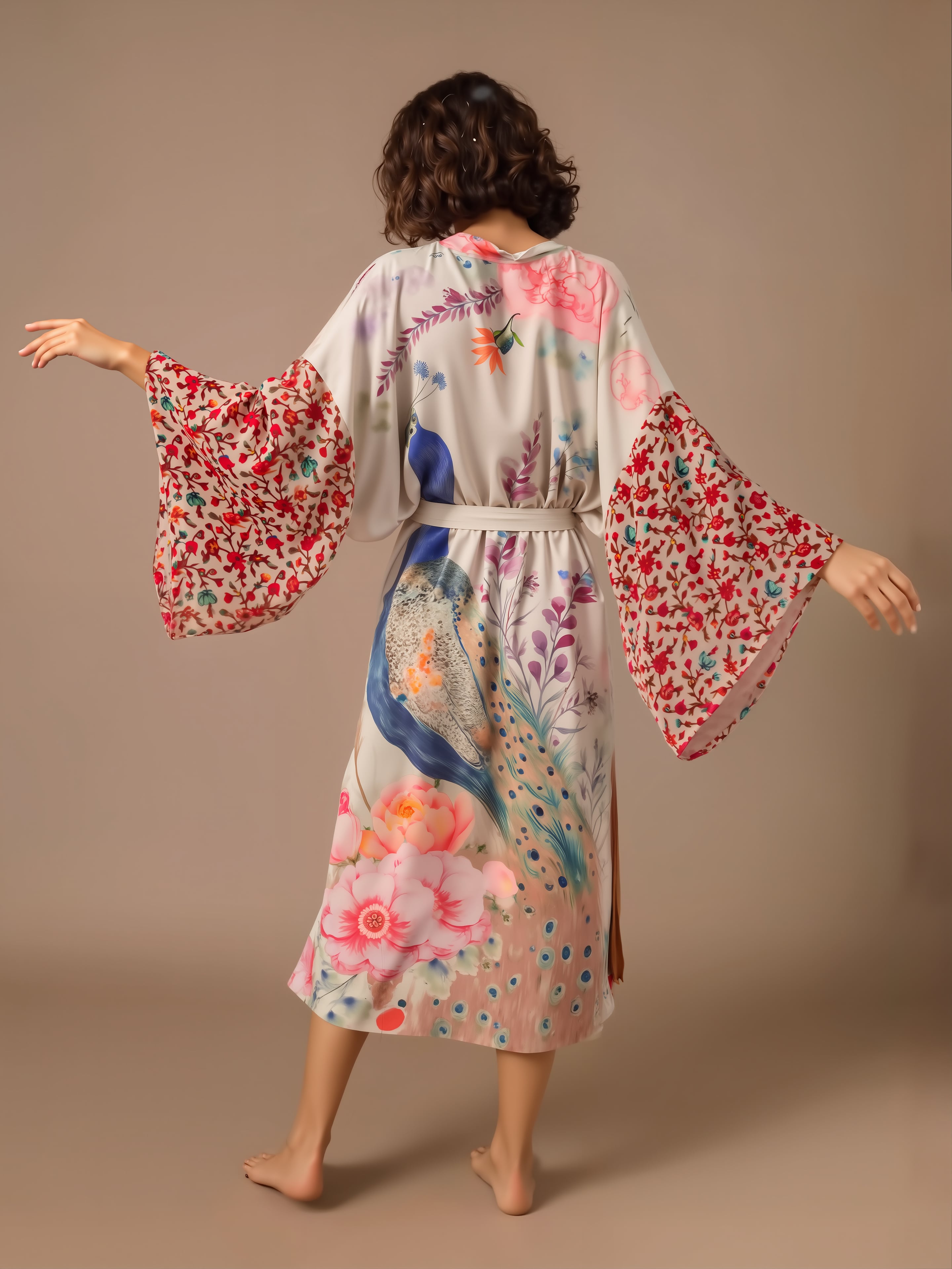 Woman wearing floral print bikini cover-up robe with colorful botanical design and red patterned sleeves, belted waist