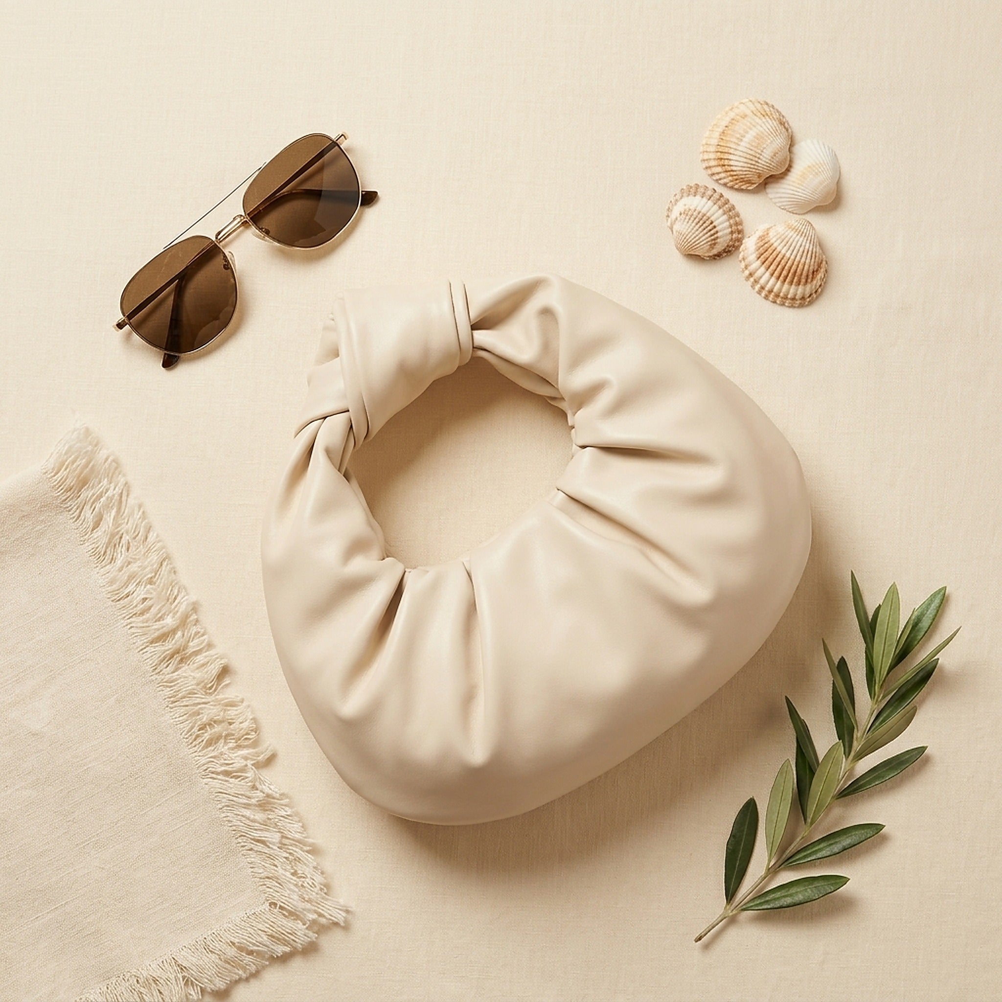 SORAVEA Klara Clutch, cream Clutch, flatlay styled