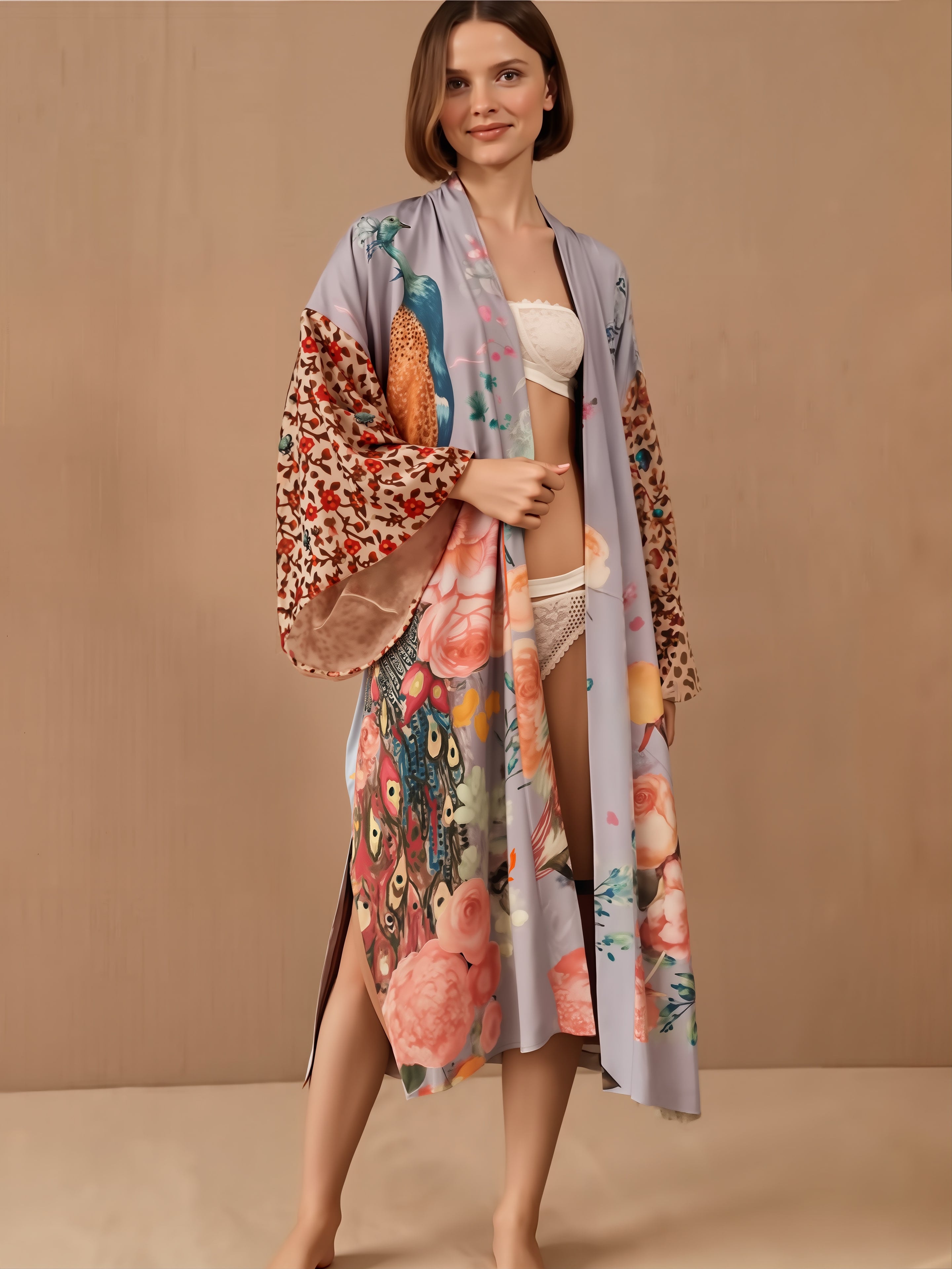 Woman wearing white bikini with floral print cover-up featuring peacocks, roses, and botanical patterns in red and cream