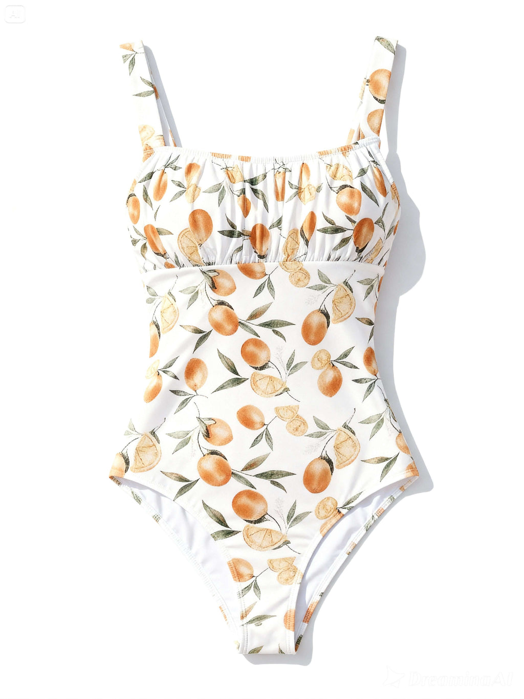 White swimsuit with orange citrus and green leaf print, ruched bodice detail, and adjustable straps