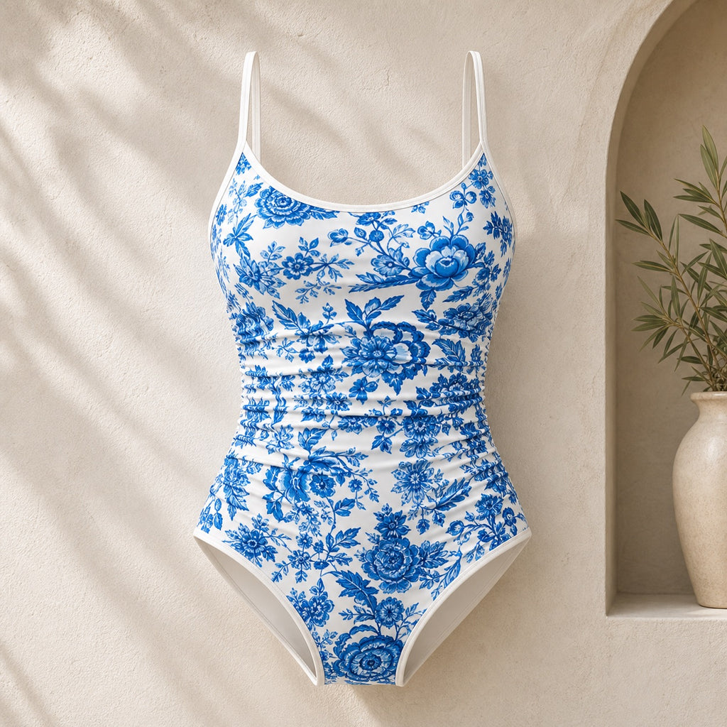 Soravea Porcelain blue floral one-piece swimsuit front view