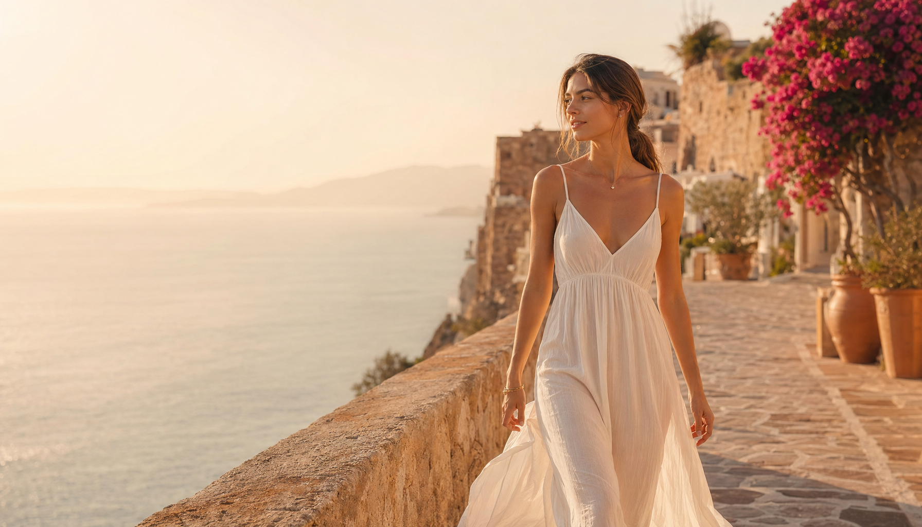 Woman in flowing white linen dress on Mediterranean cliffside promenade | SORAVEA