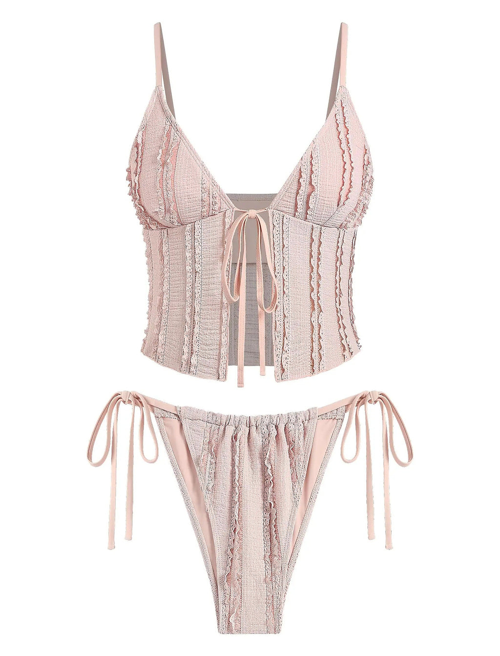 Blush pink bikini with textured fabric, ruffled trim detailing, tie-front top, and adjustable side-tie bottoms.