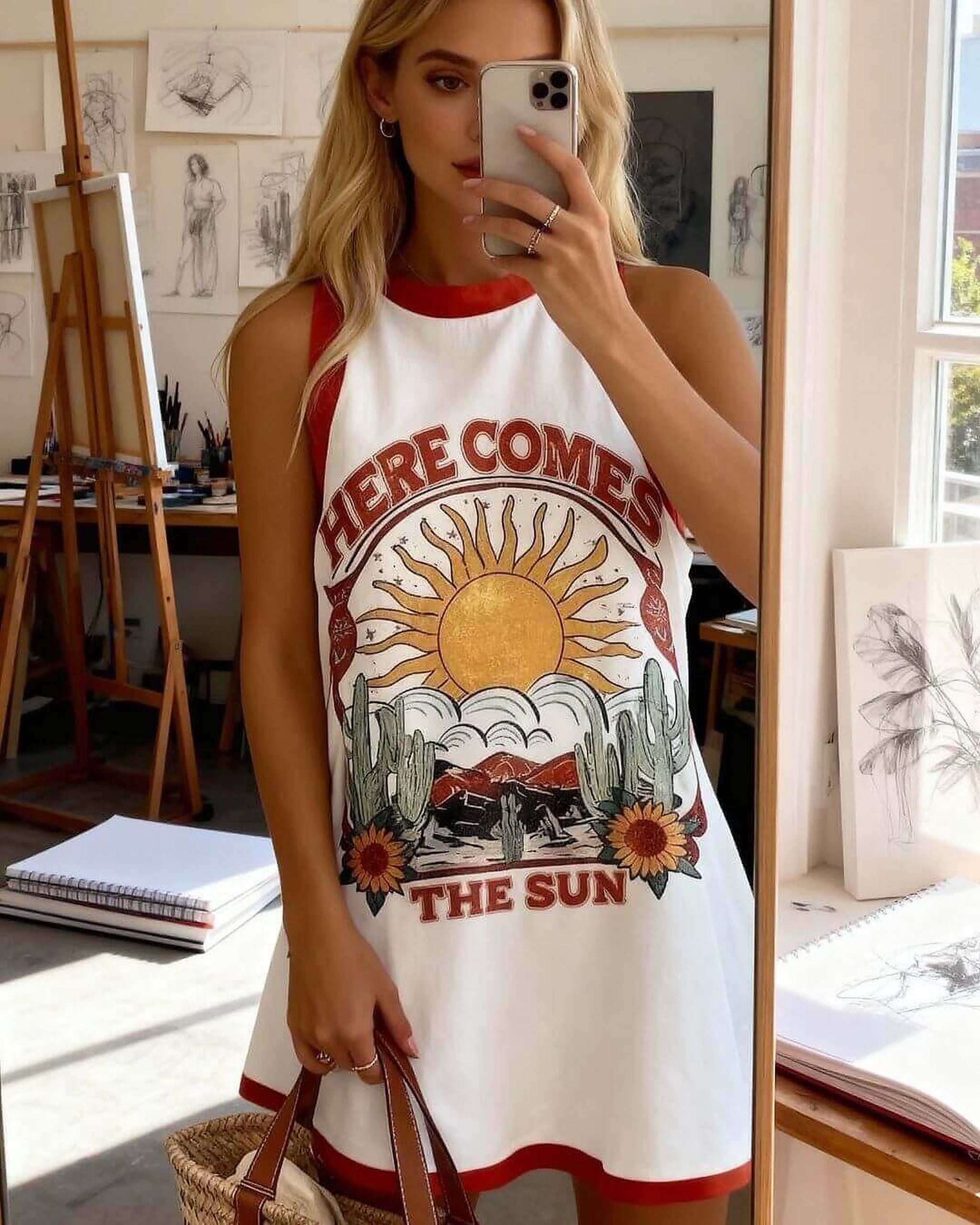 Woman wearing cream and red Sunseeker Dress with sun and cactus graphic design, taking mirror selfie in artist studio.