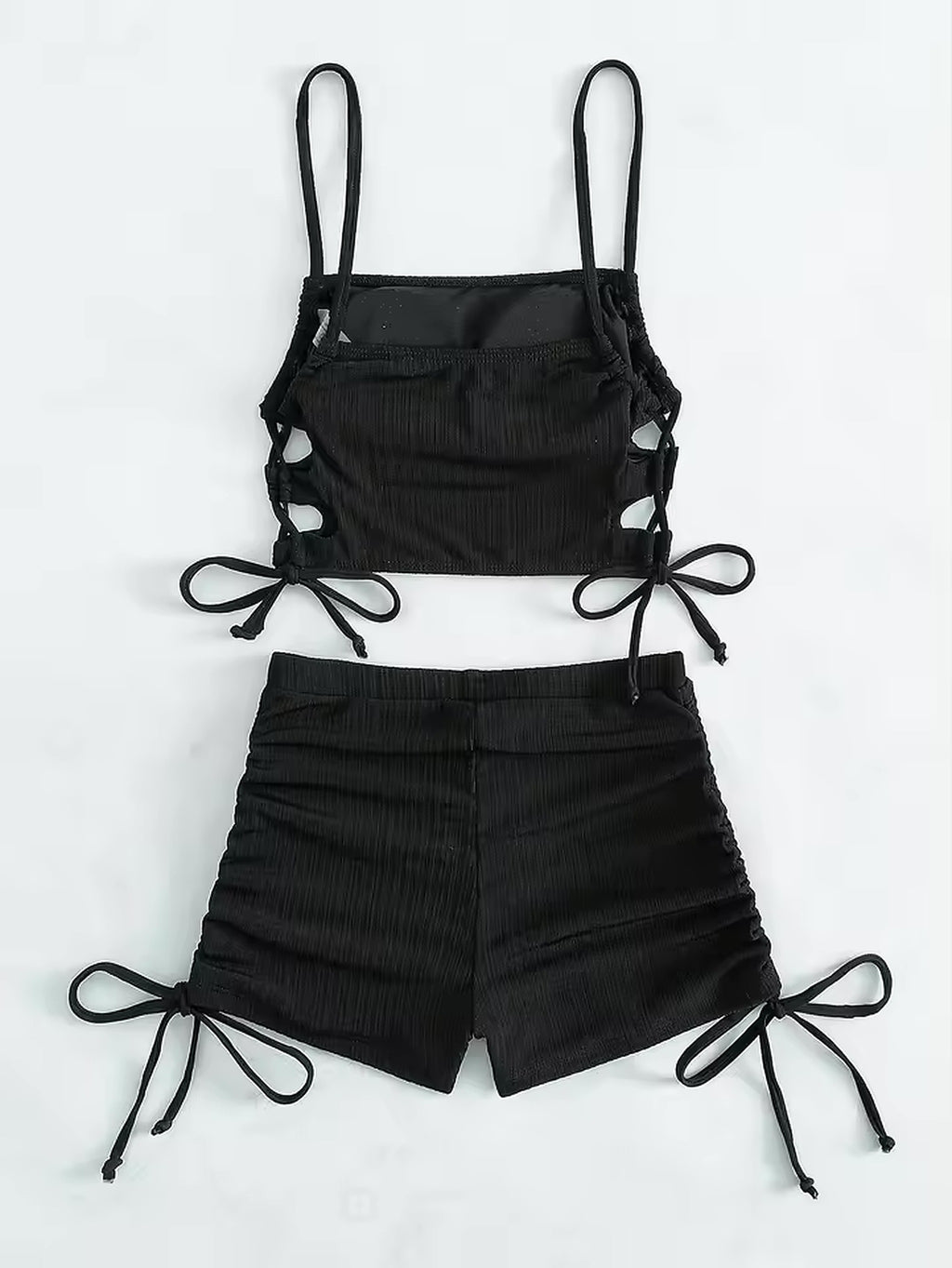 Black ribbed bikini with side-tie shorts and cutout crop top details