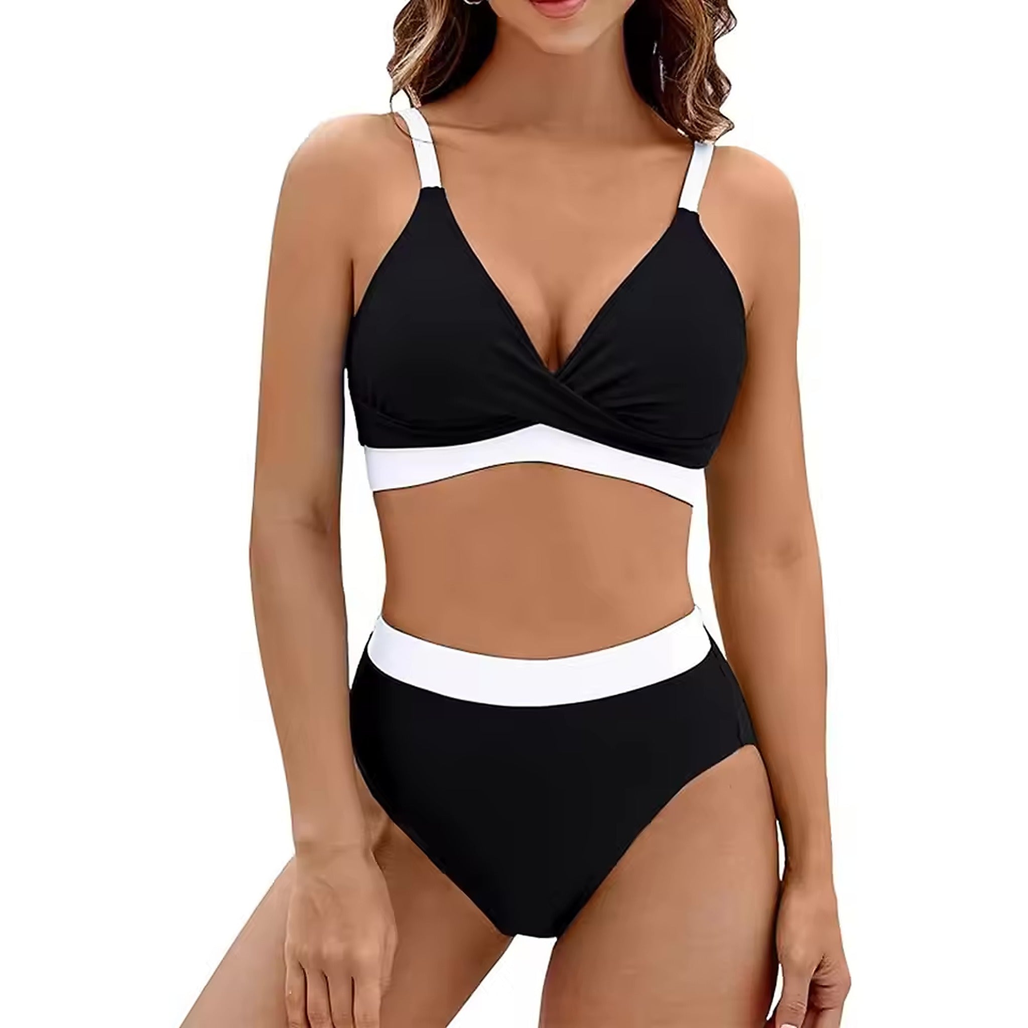 Black and white color-block bikini with wraparound top and high-waisted briefs, featuring white shoulder straps and