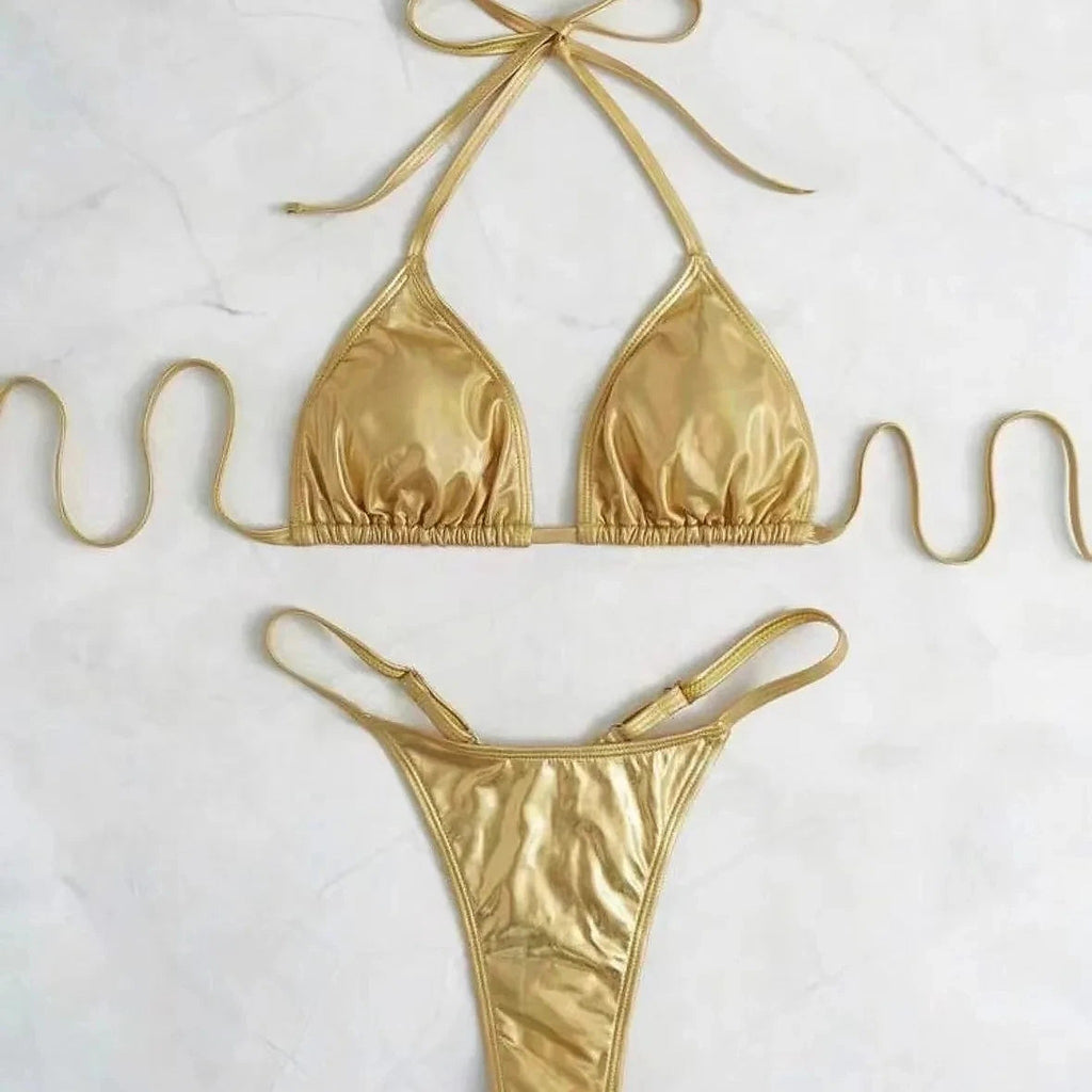 SORAVEA Stella guld metallisk bikini flatlay