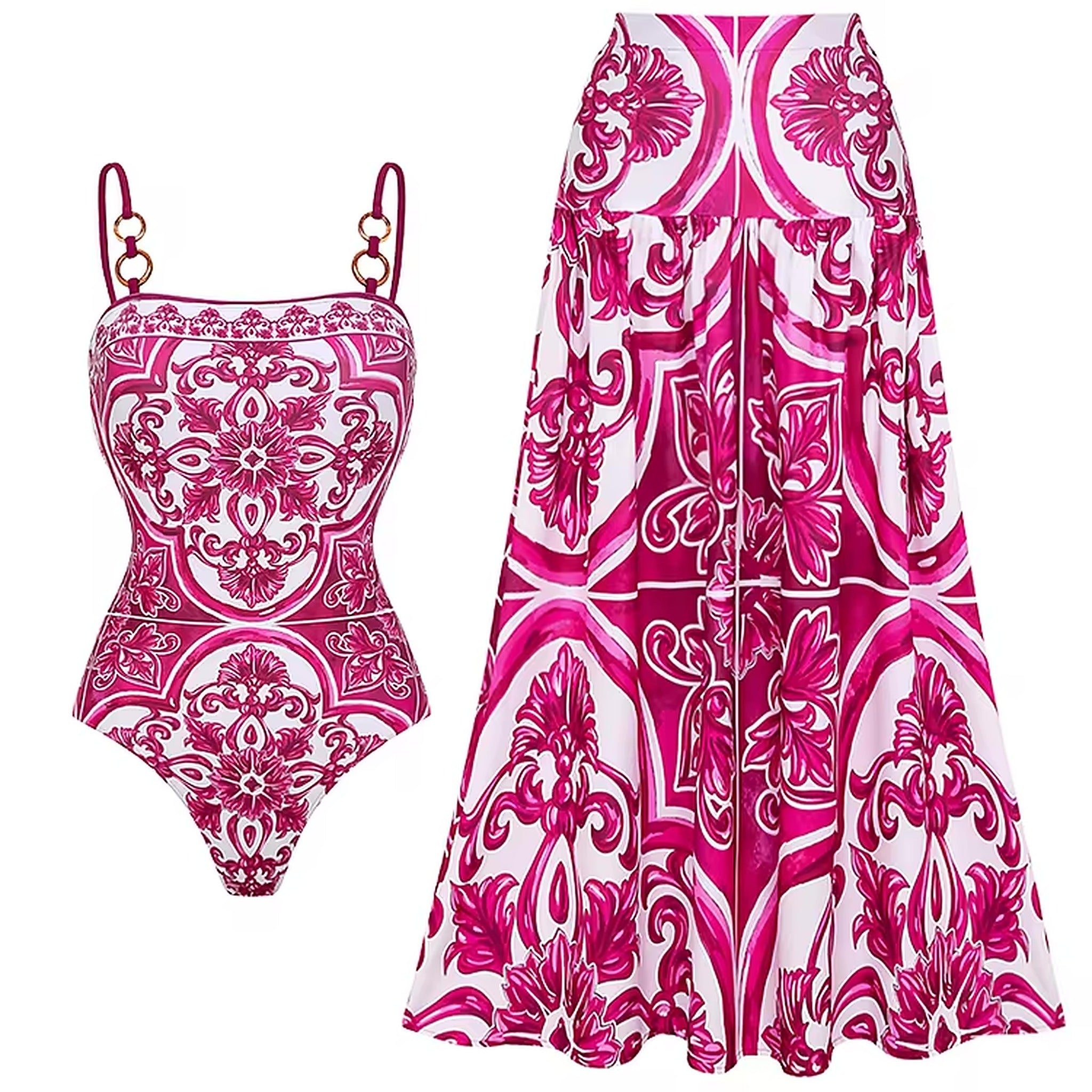 Magenta baroque print swimsuit with matching cover-up skirt featuring ornate floral scrollwork design on white background.