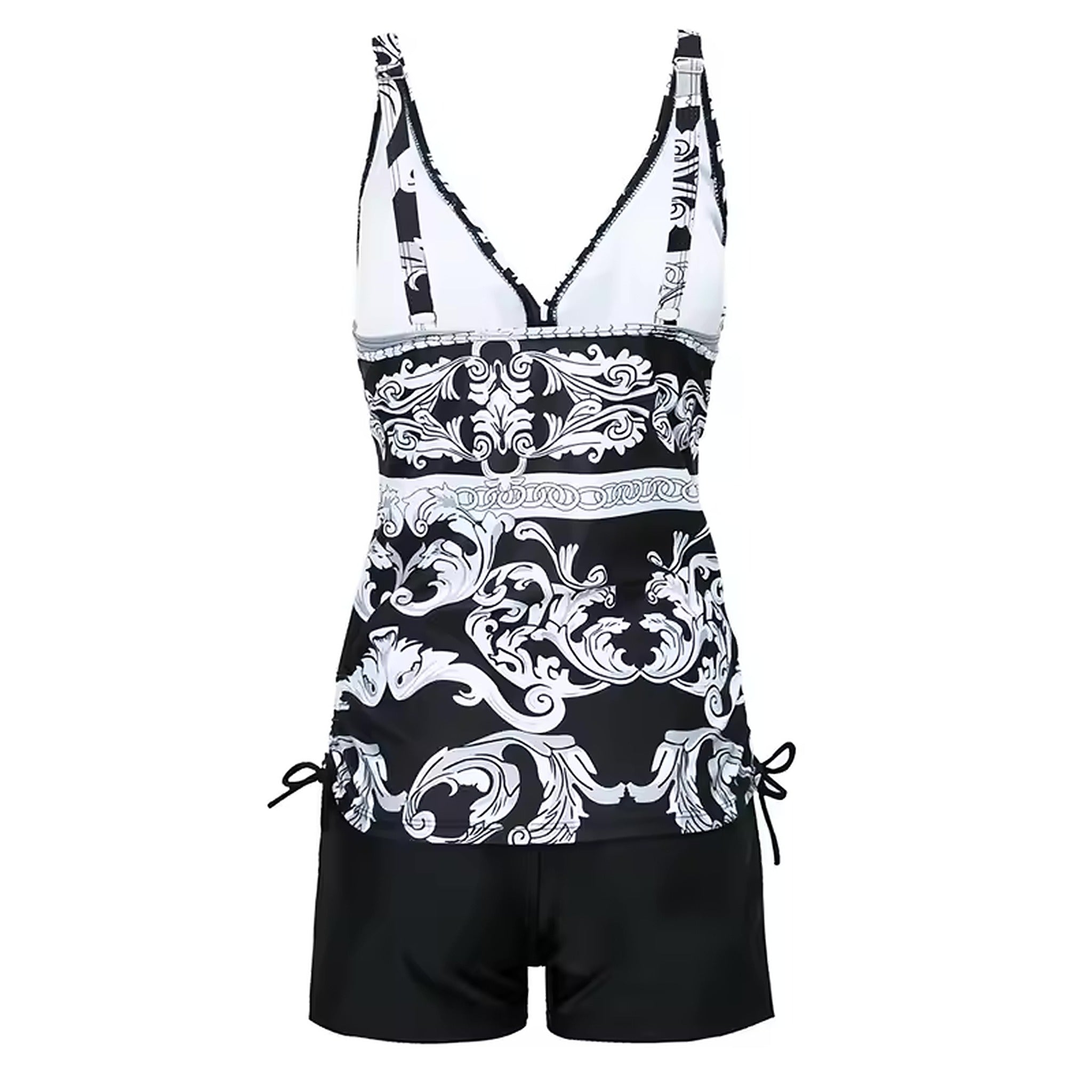 Black and white baroque patterned bikini with adjustable straps and side-tie shorts, Palmira style