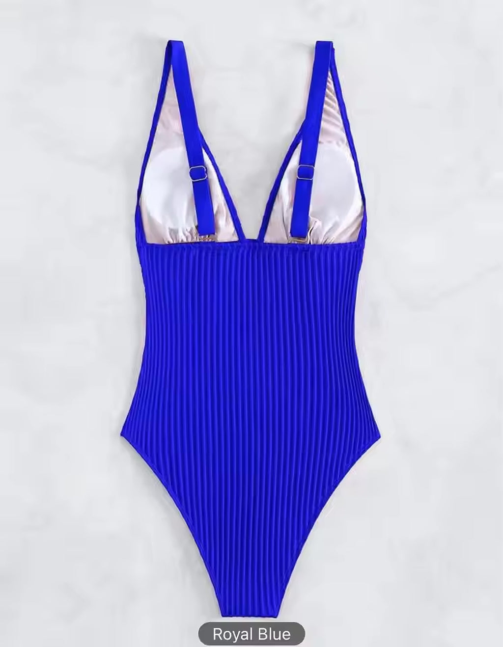 Royal blue ribbed bikini with adjustable straps and white cup lining, displayed flat on white background
