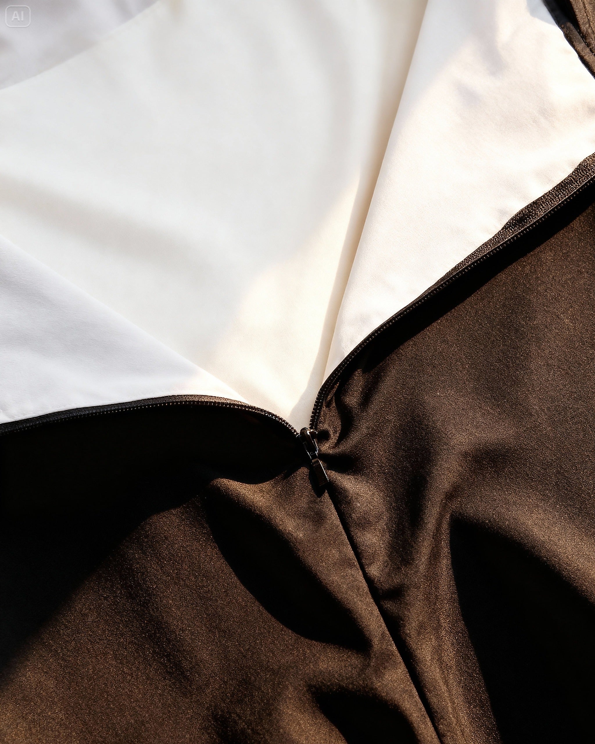 Brown and cream one-piece swimsuit with adjustable straps and elegant draping detail