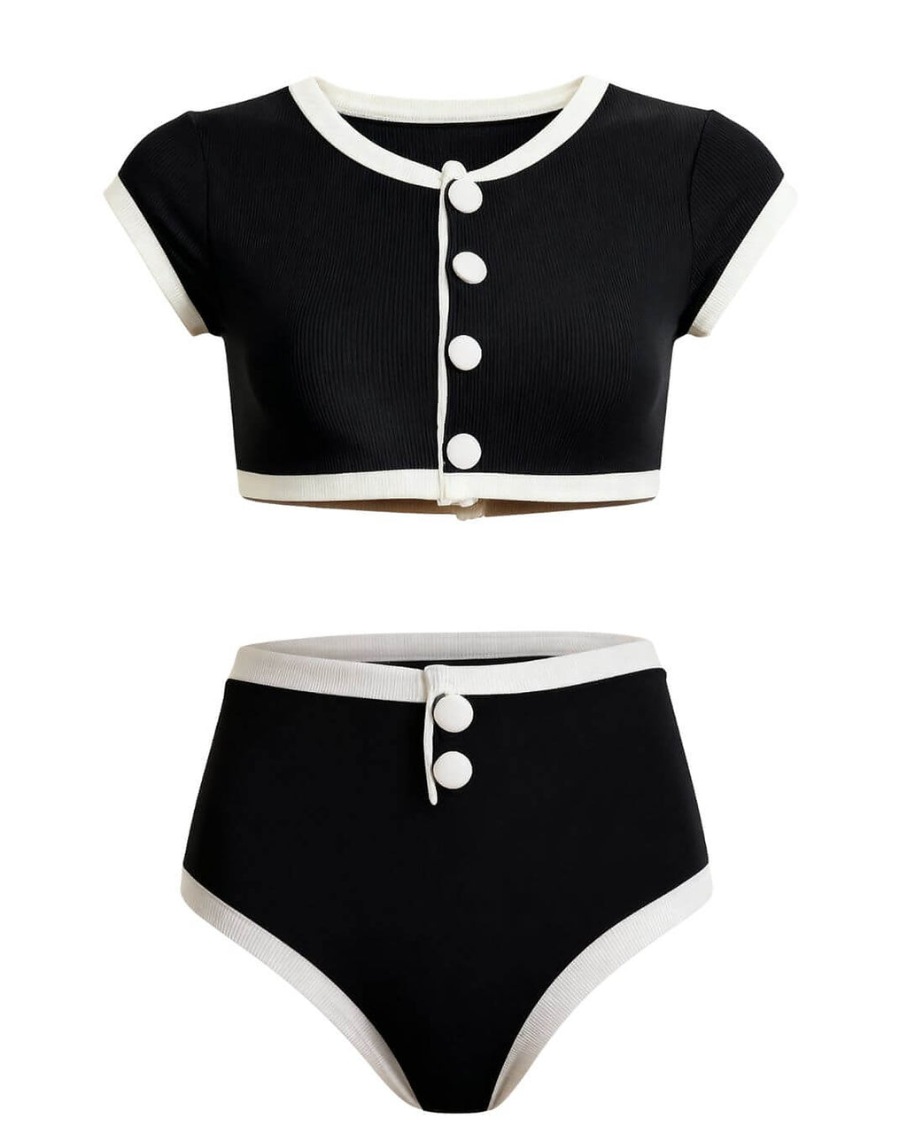 Black and cream ribbed bikini with button-front crop top and high-waisted briefs, Elena Mare design