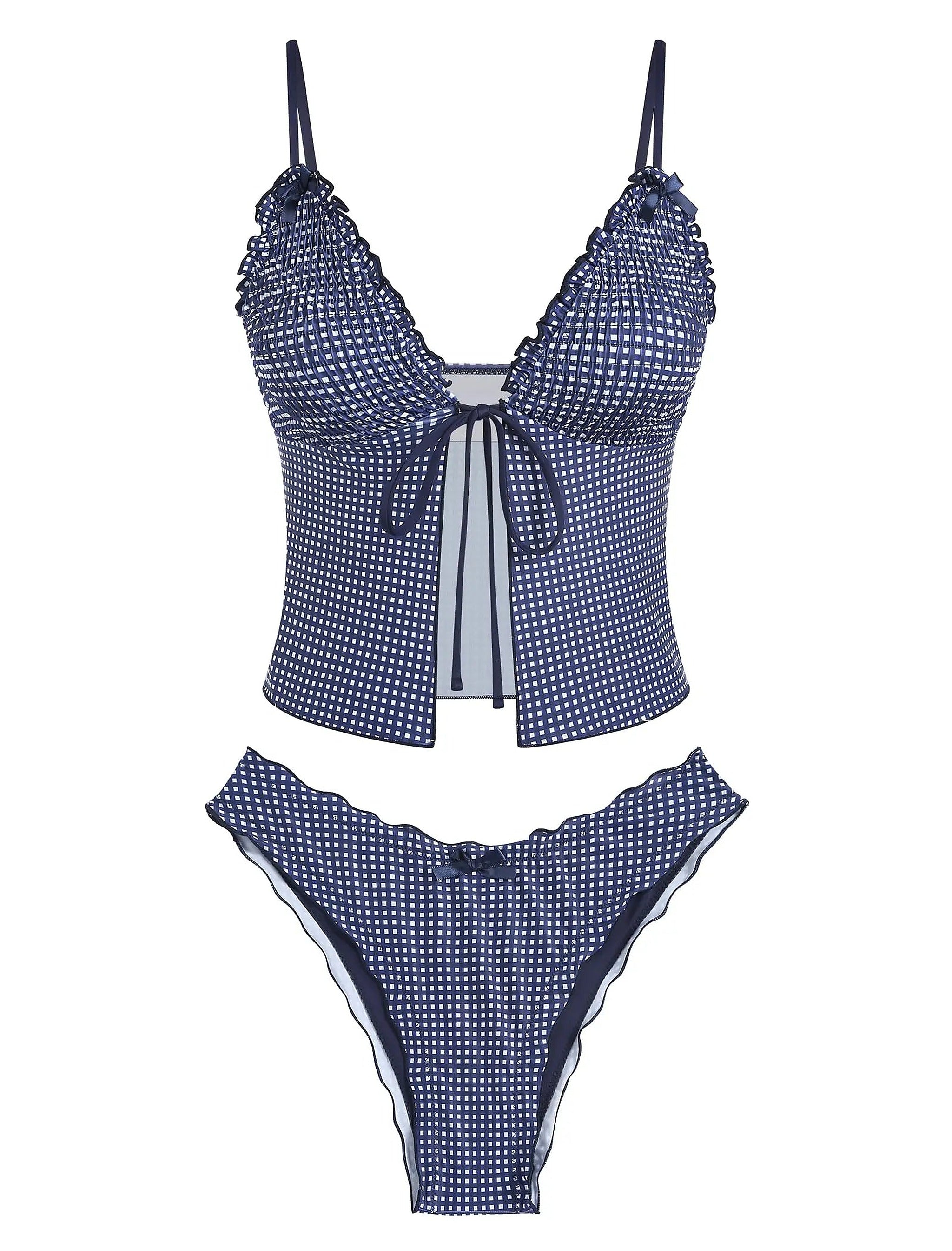 Navy textured bikini with ruffled cup details and tie-front closure